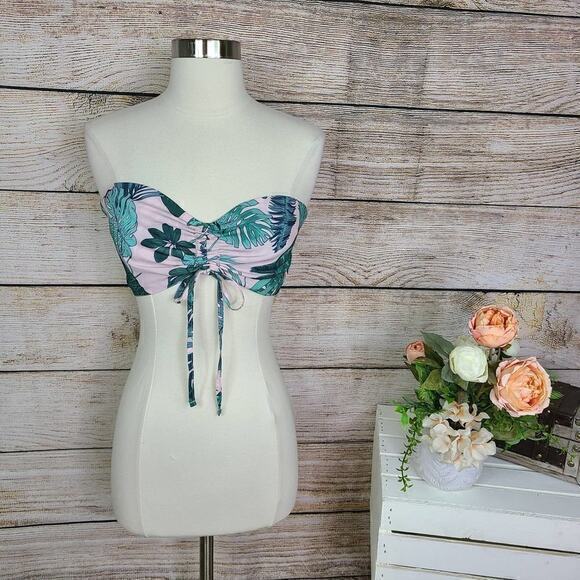 NWT LF Love Green Pink Tube Top Size M Bandeau Smocked‎ Tropical Print Front Tie - Picture 1 of 6